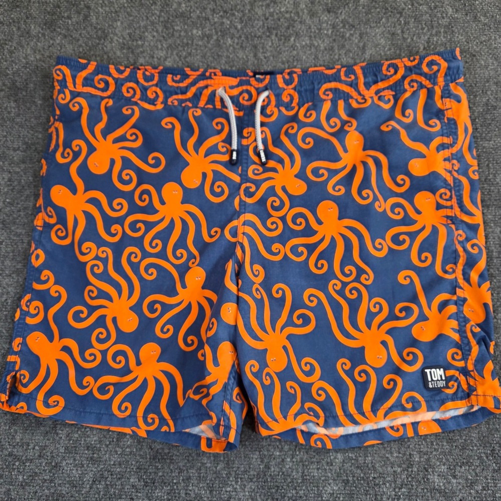Tom & Teddy Swim Trunks Mens Large Blue Orange Octopus Print Beach Board Shorts